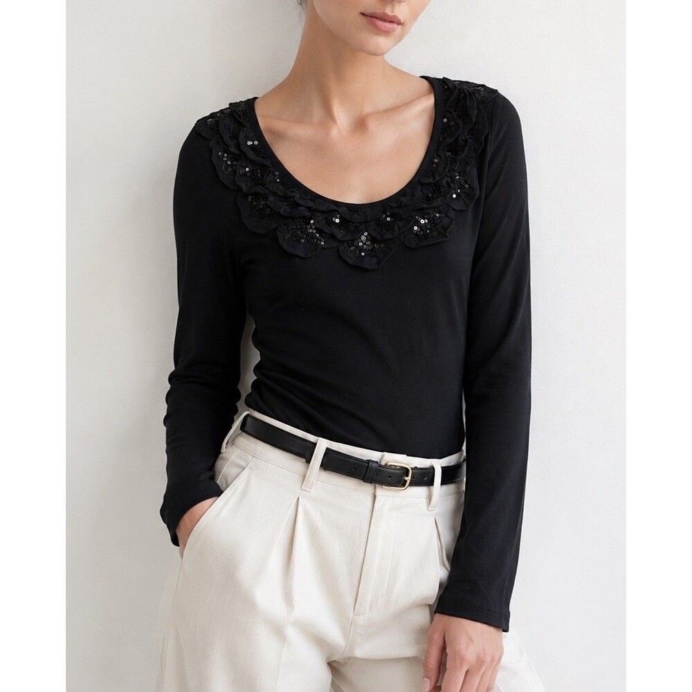 ETRO Milano Black Sequin Floral Applique Lyocell Top Stretch Blouse Size Large